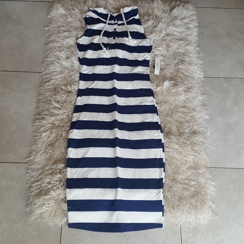 Actice Basic Stipe Hooded Midi Dress Blue White